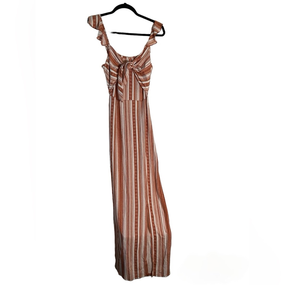 ❤️🔥Derek Heart Soft Cinnamon Accent Stripe Maxi Dress w/ Front Slit & Tye Med - Picture 1 of 5